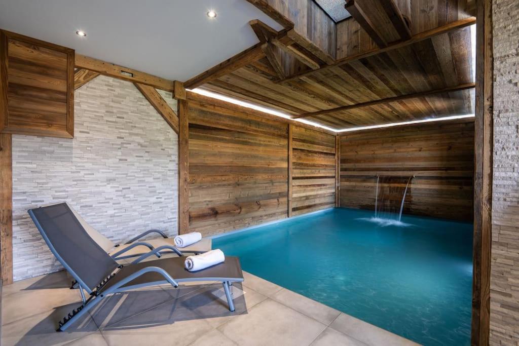 Chalet Bellevue, piscine intérieure, spa, vue lac