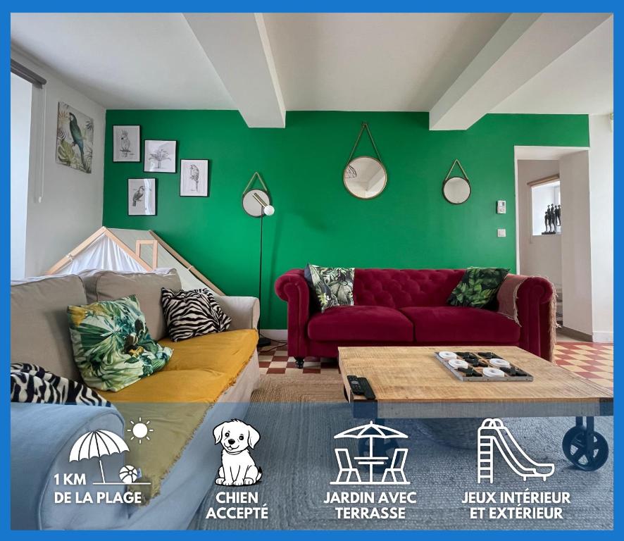 Le So Wild, maison avec jardin clos, terrasse aménagée, 5 mn à pied commerce, terrain de tennis, à 800 m de la plage d'Omaha beach jeux arcade, jouets, matériel jeunes enfants enfants, table ping-pong